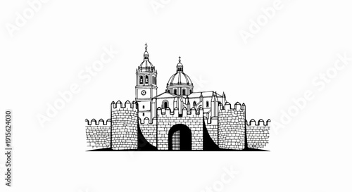 Ornate domed cathedral and bell tower rise behind fortified stone walls