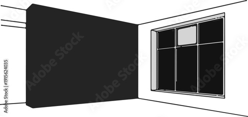 Minimalist interior scene showing a dark wall and a partitioned window