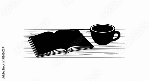 Open book and a cup of coffee on a wooden surface