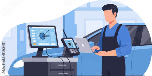 Mechanic with laptop and diagnostics equipment near a car