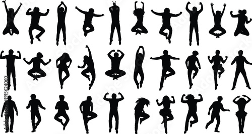 Collection of jumping people silhouettes in energetic poses, celebrating freedom, dance, fitness and happiness concept, diverse human actions isolated on white background