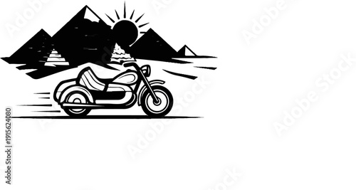 Motorcycle riding past pyramids under a bright, radiant sun