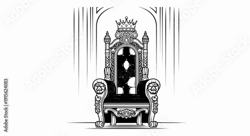 Ornate, crowned throne with plush seat, detailed carvings, and drapery