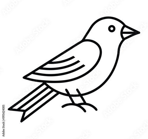 A simple black and white line drawing depicts a small bird perched with a focused gaze