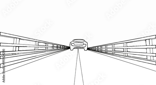 Minimalist line art of a car driving down a highway perspective