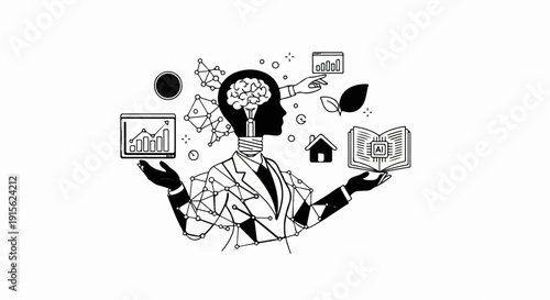 Man with lightbulb head surrounded by data, AI, and knowledge icons