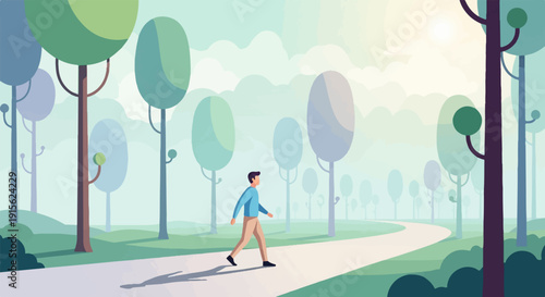 Man walks on a path through a stylized forest with soft, hazy light