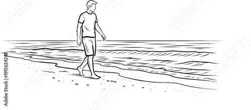Man walks along a sandy beach with waves lapping the shore under a clear sky