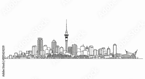 Minimalist line drawing of a city skyline with a prominent tower and stadium