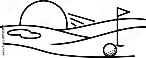 Minimalist line drawing of a golf course with a sun, flag, and ball