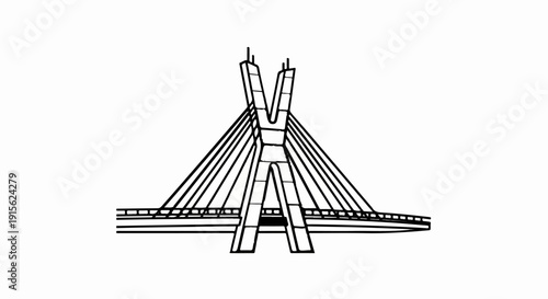Minimalist line drawing of a futuristic cable-stayed bridge with an 'X' shaped pylon