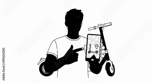 Man points at a scooter on a phone map, ready to ride