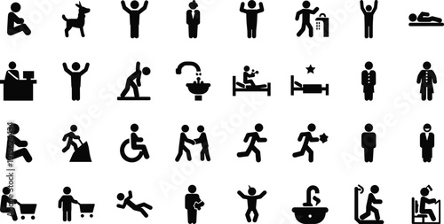 Walking people silhouettes collection showing families, men, women, children and seniors in daily life activities, urban crowd movement isolated on white background