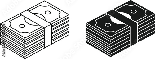 Stack of money cash bundle icon set, black and white dollar banknote vector illustration finance concept