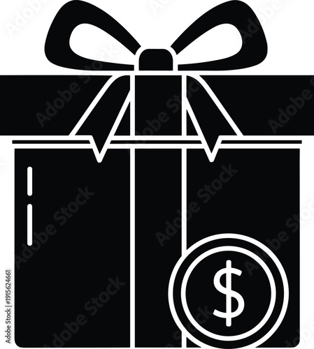 Gift box with dollar coin icon, cashback reward bonus concept solid black vector illustration isolated design