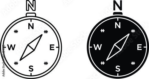 Compass Illustration Black and White Outline Navigation Tool with Directional Indicators for Cartography