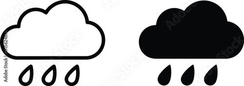 Cloud Rain Icon Outline White and Solid Black Weather Symbol with Droplets Falling