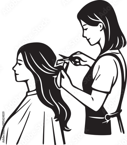 Hair Stylist Cutting Client's Hair Black and White Vector