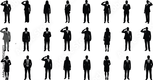 Business people silhouette collection showing professional men and women standing, saluting and posing in formal suits, isolated black figures on white background for corporate design
