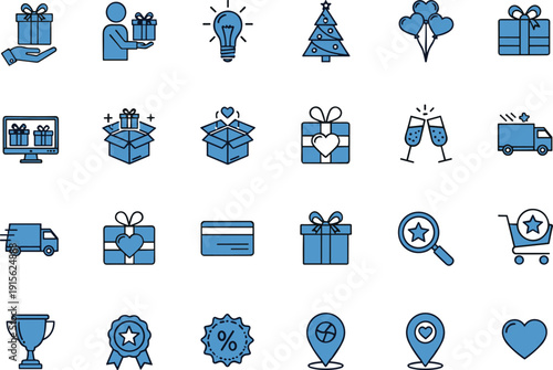 Online shopping and gift delivery icon set, ecommerce rewards discount celebration vector illustration collection for web and mobile