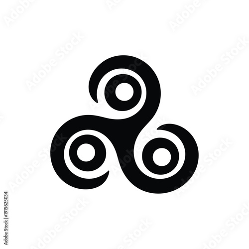 A black triskelion symbol featuring three interconnected spirals and circles