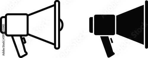 Two Megaphone Icons One Outline and One Solid Black, Communication, and Symbolism Shown