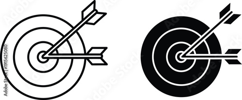 Black and White Outline Graphics Two Bullseye Targets Pierced by Arrows Design Elements