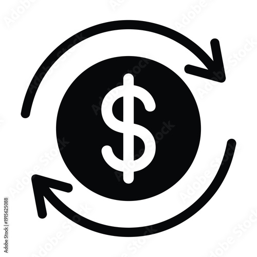Black and white icon depicting financial return with circular arrows