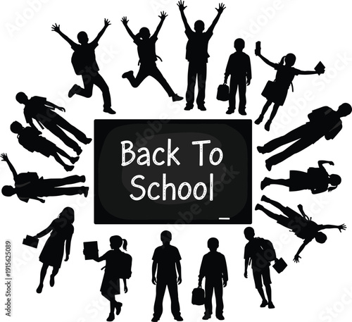 Back to school concept with happy student silhouettes surrounding chalkboard, celebrating education, learning, academic success, childhood, creativity, school life and new semester on white background