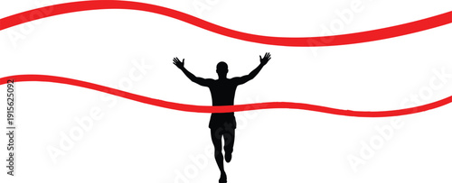 Runner silhouette celebrating victory at finish line with red ribbon, symbolizing marathon success, achievement, motivation, fitness goals, competition triumph on clean white background