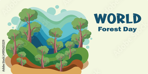 Colorful forest ecosystem scene for World Forest Day celebration. Perfect for biodiversity awareness, sustainable future message, conservation education, and eco design.