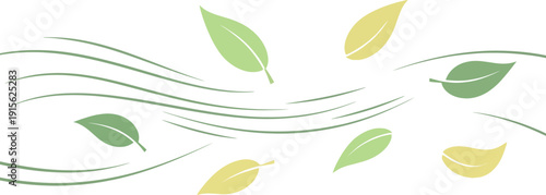 Stylized illustration depicting fresh green and yellow leaves gracefully carried sideways across a soft background by gentle sweeping wind lines suggesting nature's calm movement.