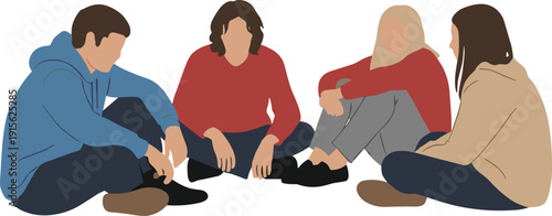 Diverse young people sitting together, group discussion flat vector illustration isolated on white background, teamwork communication concept design