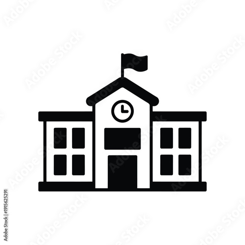 Simple black and white illustration of a school building with a clock tower