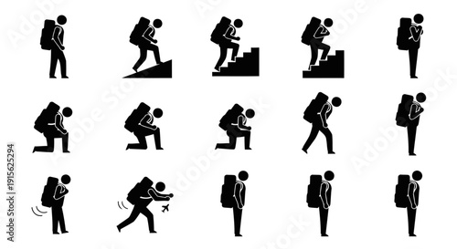 A unique set of twelve black silhouette icons depicting human figures carrying backpacks in different postures and moments of movement. Each icon emphasizes body language, balance