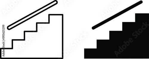 Staircase Icon Illustrations One Outline, One Solid Black Shape with Handrails