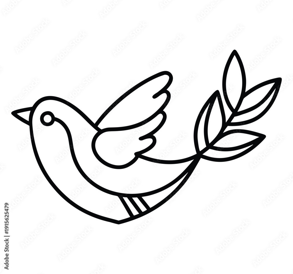 Fototapeta premium Simple black and white line drawing of a bird perched next to a leafy branch