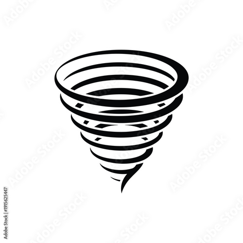 Stylized black and white illustration of a swirling tornado shape