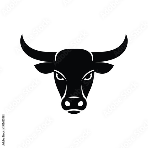 Black silhouette of a bull s head facing forward with curved horns