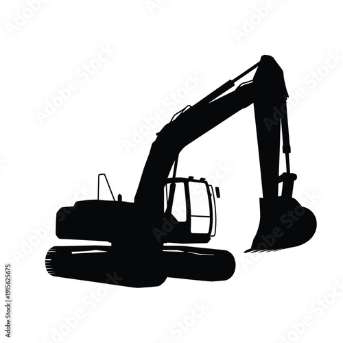 Silhouette of a heavy excavator machine against a plain white background