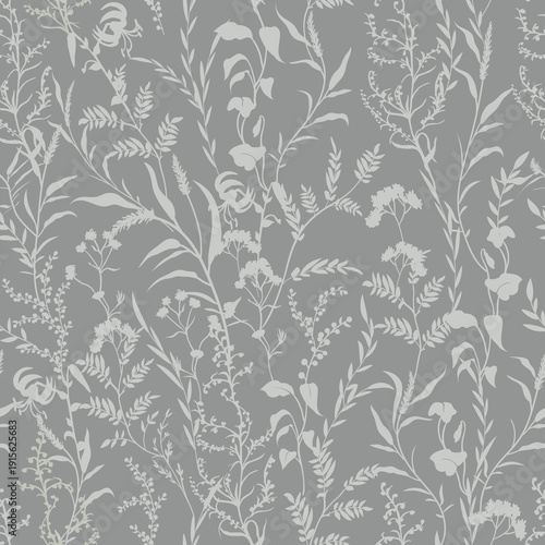 Seamless grey botanical pattern with silhouettes of herbs and flowers in vector.eps