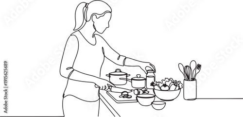 Line Art of Woman Cooking with Vegetables on Kitchen Countertop