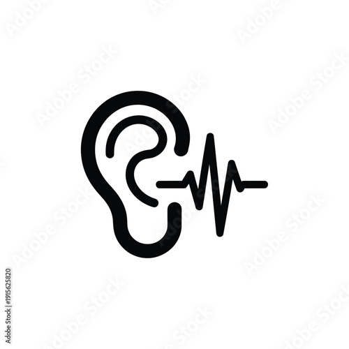 Simple black outline of an ear with a heartbeat rhythm illustration