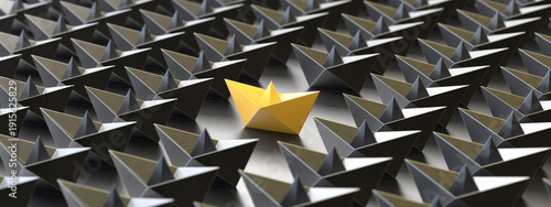 Leadership concept, yellow leader boat, standing out from the crowd of black boats. 3D Rendering