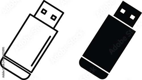 Two USB Drive Icons Outline and Solid Black Style on a White Background
