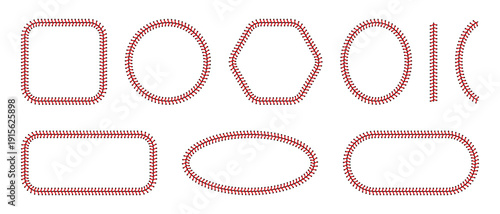 Baseball frame with red stitching and leather texture. Classic softball border design. Vector graphic element for sports branding and American game layouts.