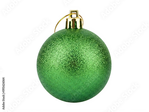 Shiny green bauble ornament hanging from a decorative ribbon on a white background