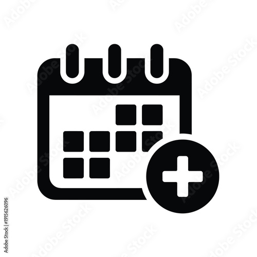 Black calendar icon with a plus symbol representing event scheduling