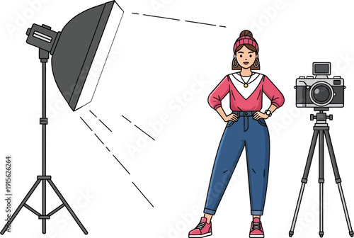 Photographer woman posing with camera and professional lighting equipment in studio
