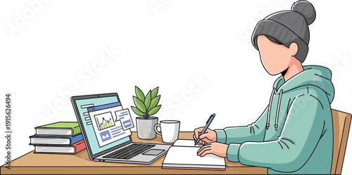 Student girl wearing beanie and hoodie studying with laptop while writing in notebook at desk with coffee and books